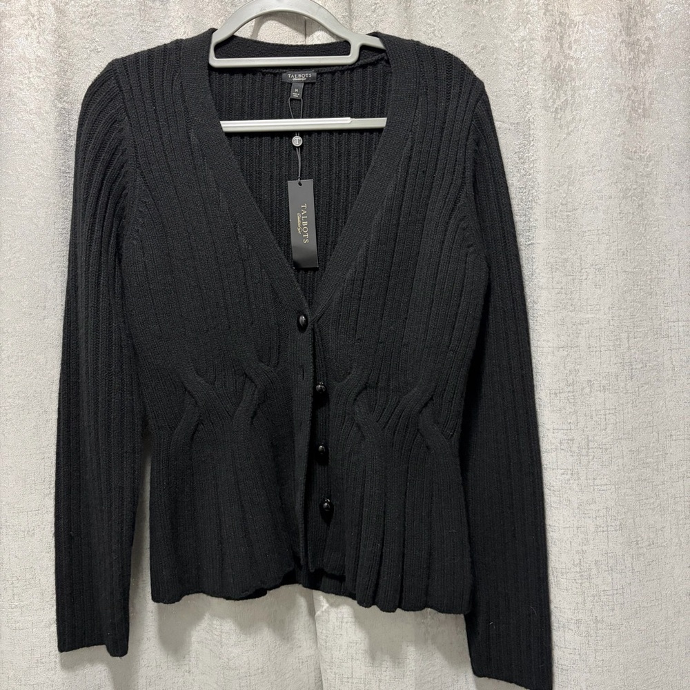 Talbots Black Ribbed merino wool cashmere blend Cardigan Sweater M NWT